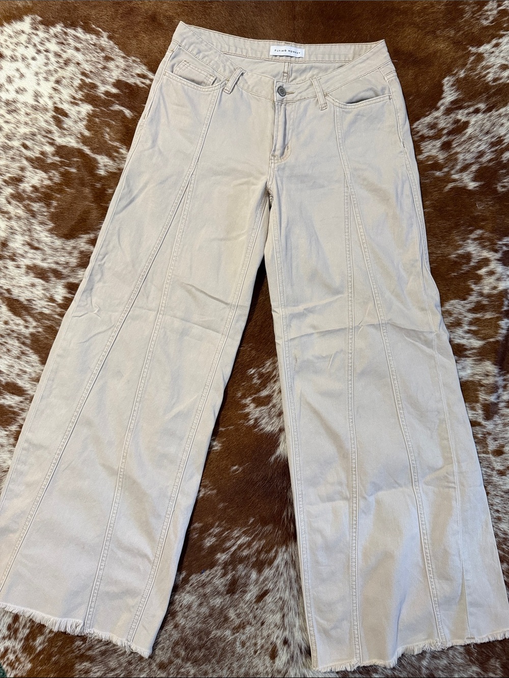 Flying Monkey Wide Leg Flare Jeans in Light Beige
